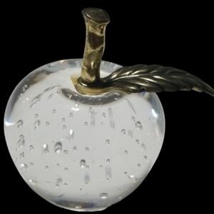 Vtg Clear Art Glass Apple Paperweight Bullicante Controlled Bubbles Gold Stem